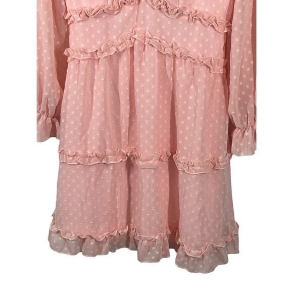 Pink Clip Dot Faux Wrap Mini Dress Size Small Ruffle Babydoll Open Back Dress - Picture 10 of 16